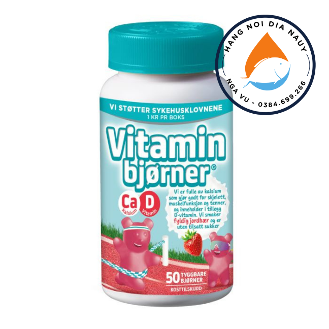 Kẹo dẻo vị dâu bổ sung VITAMIN D3 và CANXI cho bé Bjorner hình chú gấu Na Uy - lọ 50 viên
